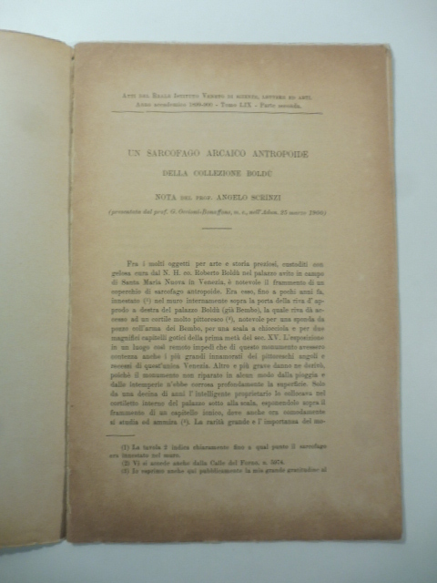 Un sarcofago arcaico antropoide della collezione Boldù. Nota del prof. Angelo Scrinzi